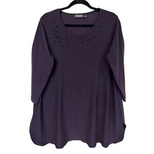 Sympli Purple 3 4 Sleeve Floral Cutout Scoop Neck Side Slit Tunic Top 18 20